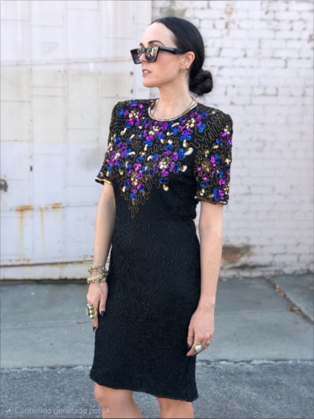 Stenay Black Silk Beaded Sheath Dress Short slevees Vintage Night Party Event